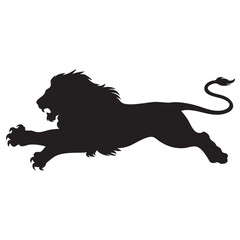 A flat silhouette of a lion leaping forward, with its claws outstretched and tail trailing behind, black silhouette on a white background....