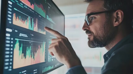 Businessman Analyzing Financial Charts on Large Screen Display