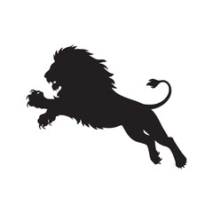 A flat silhouette of a lion leaping forward, with its claws outstretched and tail trailing behind, black silhouette on a white background....