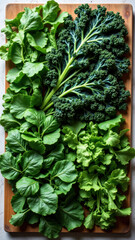 A wooden board with an assortment of fresh leafy greens and broccoli florets on a countertop, symbolizing healthy eating and detoxification.