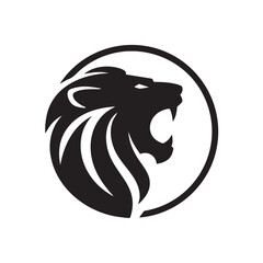 A flat silhouette of a lion roaring, with a circular frame around it for a modern logo feel, black silhouette on a white background....