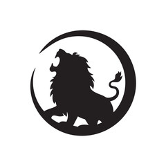 A flat silhouette of a lion roaring, with a circular frame around it for a modern logo feel, black silhouette on a white background....