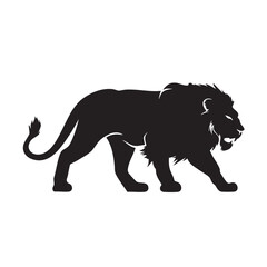 A flat silhouette of a lion in a stalking position, with its body low to the ground and eyes focused forward, black silhouette on a white background....
