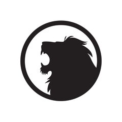 A flat silhouette of a lion roaring, with a circular frame around it for a modern logo feel, black silhouette on a white background....