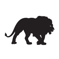 A flat silhouette of a lion in a stalking position, with its body low to the ground and eyes focused forward, black silhouette on a white background....