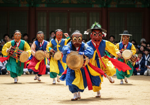 Korean Talchum mask dance performance during Seollal Korean Lunar New Year, performers in colorful masks and costumes, masks conveying different characters and emotions, traditional Korean setting,