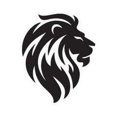 A flat silhouette of a lion's head in profile view, with a bold, flowing mane and sharp features, perfect for a logo design, black silhouette on a white background....