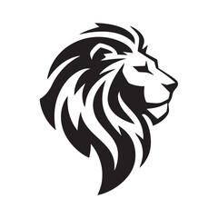 A flat silhouette of a lion's head in profile view, with a bold, flowing mane and sharp features, perfect for a logo design, black silhouette on a white background....
