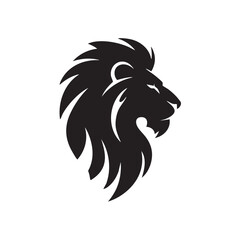 A flat silhouette of a lion's head in profile view, with a bold, flowing mane and sharp features, perfect for a logo design, black silhouette on a white background....