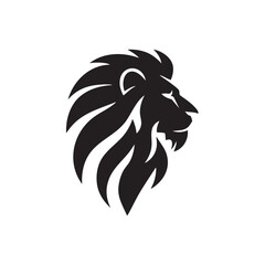 A flat silhouette of a lion's head in profile view, with a bold, flowing mane and sharp features, perfect for a logo design, black silhouette on a white background....