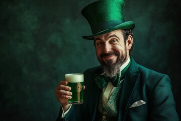 Festive man in green suit and top hat holding green drink