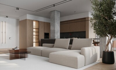 Modern, white minimalist living interior with kitchen, sofa, wood floor, wall panels and marble kitchen. 3d render illustration mock up.