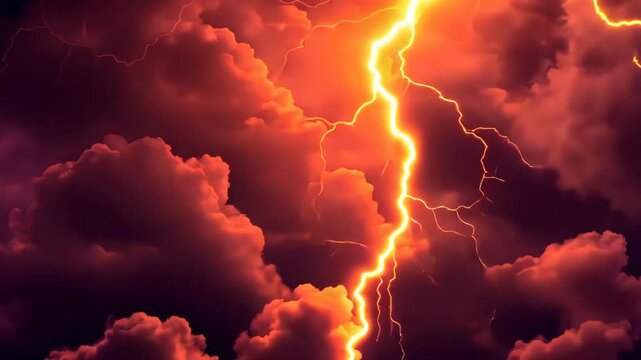 Striking lightning illuminates dark storm clouds during a powerful thunderstorm at night