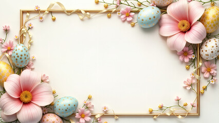 Elegant Easter Frame with Pastel Pink Flowers and Decorated Blue Golden Eggs