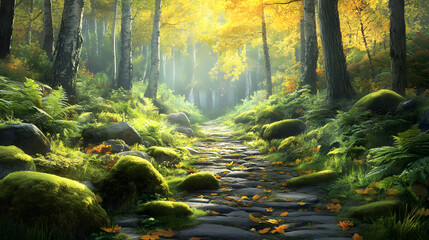 Soft sunlight bathing a lush and vibrant forest clearing.
