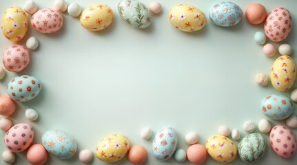 Delicate Easter Eggs Arranged in Pastel Border Frame with Floral Pattern Details