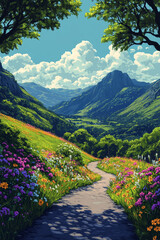 A winding path leads through vibrant wildflowers towards majestic mountains