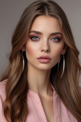 Fototapeta premium Beautiful beauty or fashion portrait of a woman with makeup with peach stright hair on a beautiful Peach and pink color background