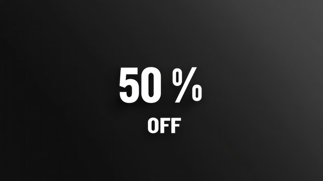 Monochrome discount banner featuring clean white 50 percent off text against a dark backdrop