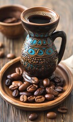 Dark Coffee in Ornate Ceramic Vessel with Roasted Beans