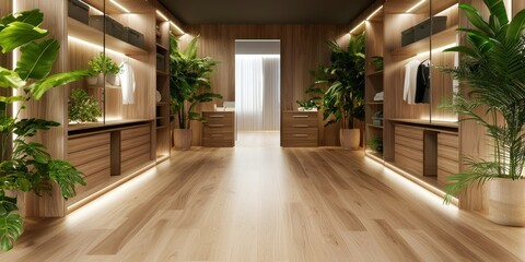 Stylish modern interior with plants and wooden decor elements.