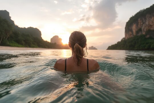 Tourist enjoying a relaxing swim at sunset in railay beach, krabi, thailand
