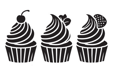 Set of Three Cupcake Silhouettes Vector Illustration