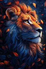 Majestic Lion Surrounded by Autumn Leaves