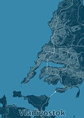 The image depicts a detailed map of Vladivostok, a city in Russia, with a blue background. The map showcases the city's intricate network of roads and streets.