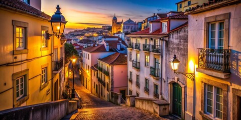 Fototapeta premium Lisbon Alfama: Surreal Sunset in Narrow Ancient Streets - Stock Photo