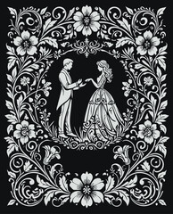wedding invitation card with vintage baroque style. Gothic Romance. Elegant Wedding. Vintage wedding invitation card with ornate elegant retro design. Loving couple in vintage baroque style.	
