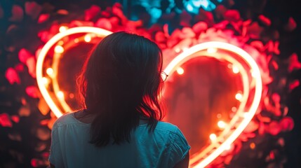Neon heart shape frame composition background