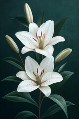 Fototapeta premium Elegant White Lilies with Dark Green Foliage