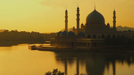 Naklejka premium Majestic Mosque Sunset Lakeside Reflection Serenity