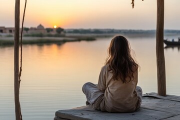 Young girl meditating by the river at sunrise, finding inner peace and harmony