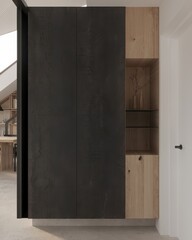 3D visualization of the interior of a modern house. Entrance area. Hallway. Modern interior design. bright shades
