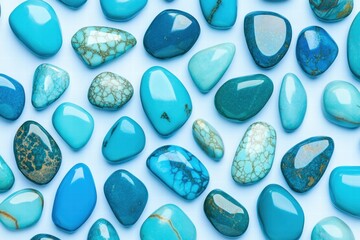 Polished turquoise gemstones in various shades arranged on a soft blue background create an artistic composition for decorative purposes