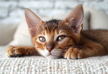 Abyssinian cat resting on a cozy fabric surface in a home environment during daylight
