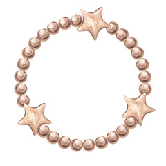 Round wreath frame made of wooden balls beads, stars. Christmas New Year gnome collection. Element for composition design. Hand draw watercolor illustration isolated background. Perfect for postcards