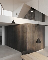 A bright modern kitchen with wooden accents and large windows showing a snowy view creating a cozy...