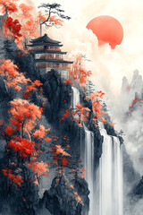 Serene Mountain Temple Waterfall Autumn Landscape