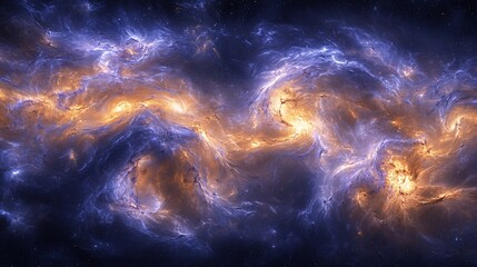 Fototapeta premium Abstract swirling cosmic nebula with orange and blue hues.