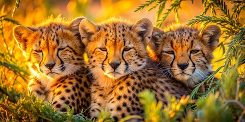 Obraz premium Long Exposure: Cheetah Cubs Resting Under Bush, Samburu National Reserve, Kenya