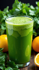 Fototapeta premium Fresh green smoothie drink garnished with oranges for a healthy and appealing presentation, perfect for detox diets and health-conscious lifestyles.