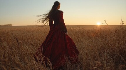 Woman in red dress facing sunset in field.