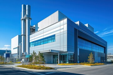 An exterior view of a futuristic recycling plant with clean lines and green energy features, set in an industrial area under a clear blue sky.
