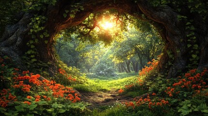 Enchanting forest path with sunlight through trees and vibrant orange flowers