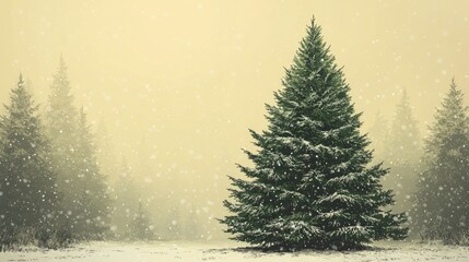 Naklejka premium A snowy landscape featuring a tall evergreen tree amidst falling snowflakes.