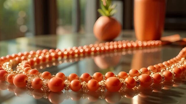 "A radiant gold necklace adorned with coral beads, styled on a reflective glass table under natural daylight, cinematic, ultra-HD, 8K."
