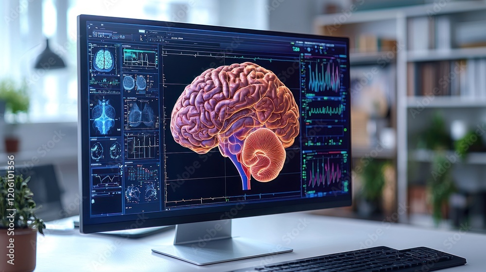 Poster detailed 3d brain model on a modern computer screen in a technologically advanced office setting